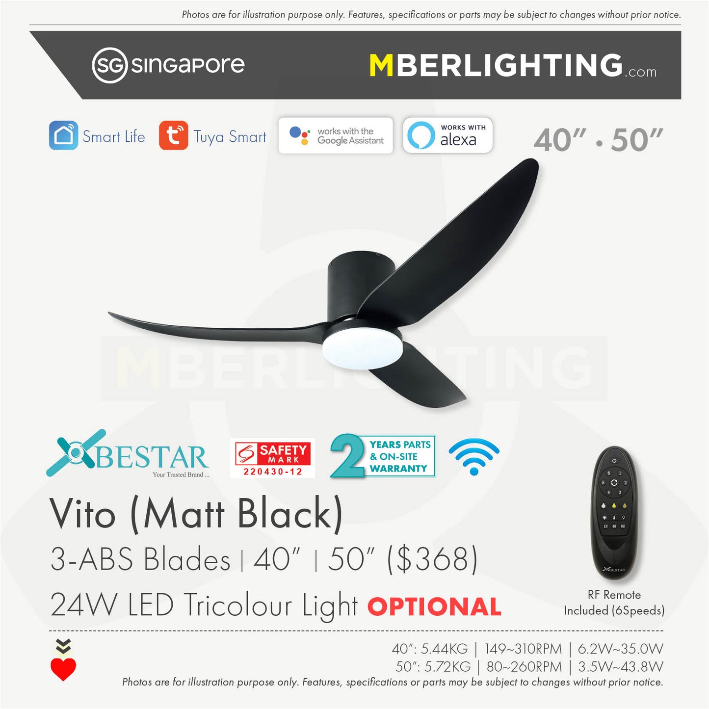 VITO3 3-Blades Hugger Ceiling Fan BLACK