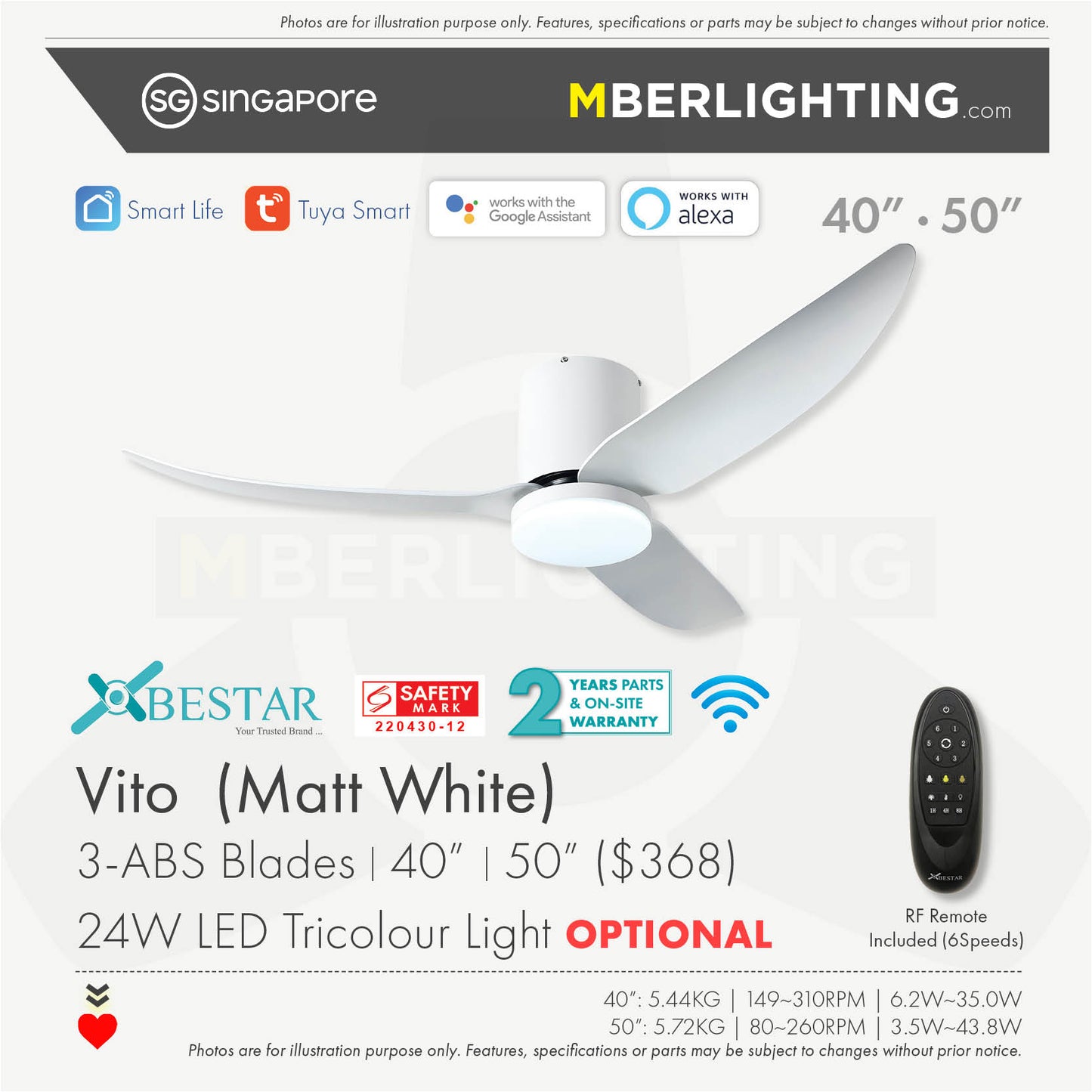 VITO3 3-Blades Hugger Ceiling Fan WHITE