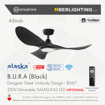 Bura Cura 3-Blades Drop Rod Ceiling Fan BLACK