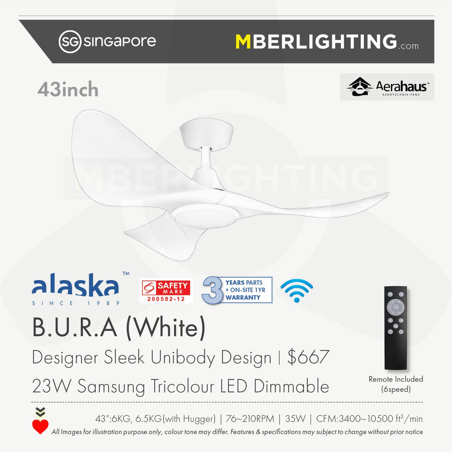 Bura Cura 3-Blades Drop Rod Ceiling Fan WHITE