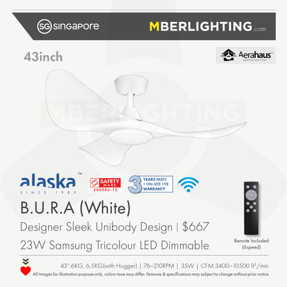 Bura Cura 3-Blades Drop Rod Ceiling Fan WHITE