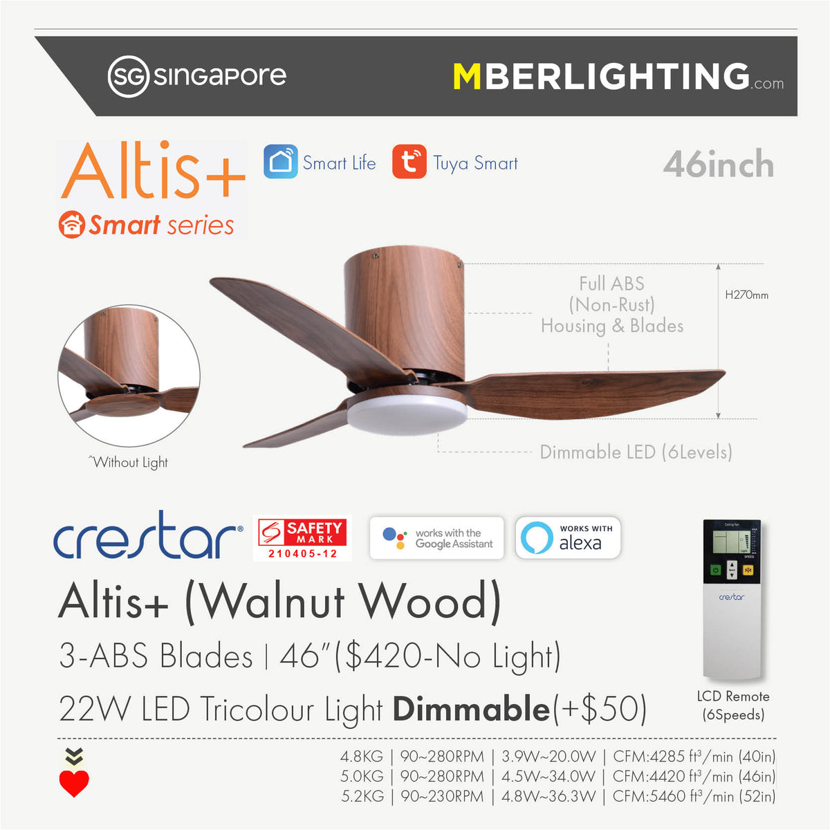 ALTIS+ 3-Blades Hugger Ceiling Fan WALNUT WOOD