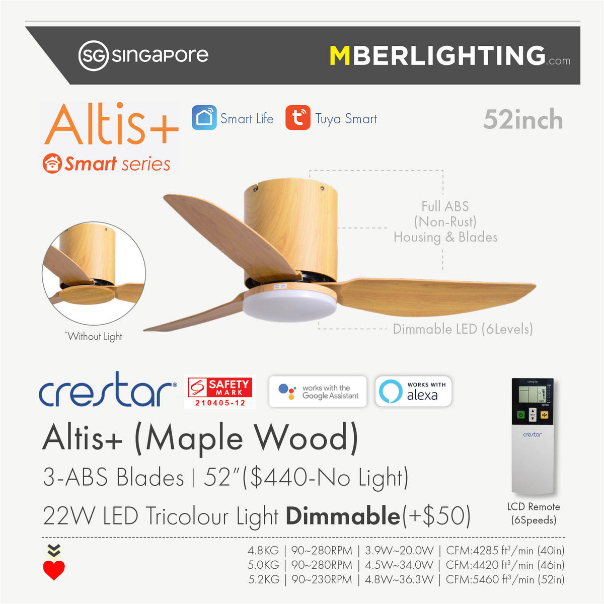 ALTIS+ 3-Blades Hugger Ceiling Fan MAPLE WOOD