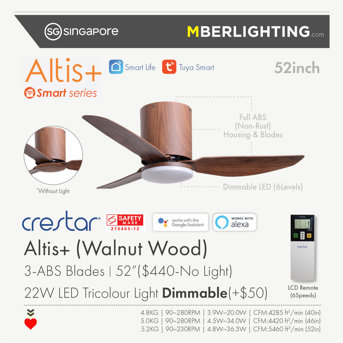 ALTIS+ 3-Blades Hugger Ceiling Fan WALNUT WOOD