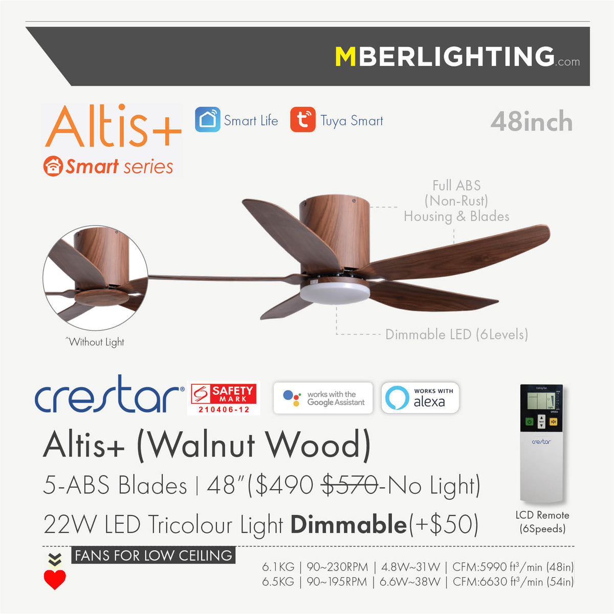 Crestar Altis Plus 5Blades Hugger Ceiling Fan for low ceiling setup in Walnut Wood 48inch with 22W Dimmable LED Light. Comes with remote and Wifi Smart Control features that works with Smart Life, Tuya, Google Assistant, Alexa. 