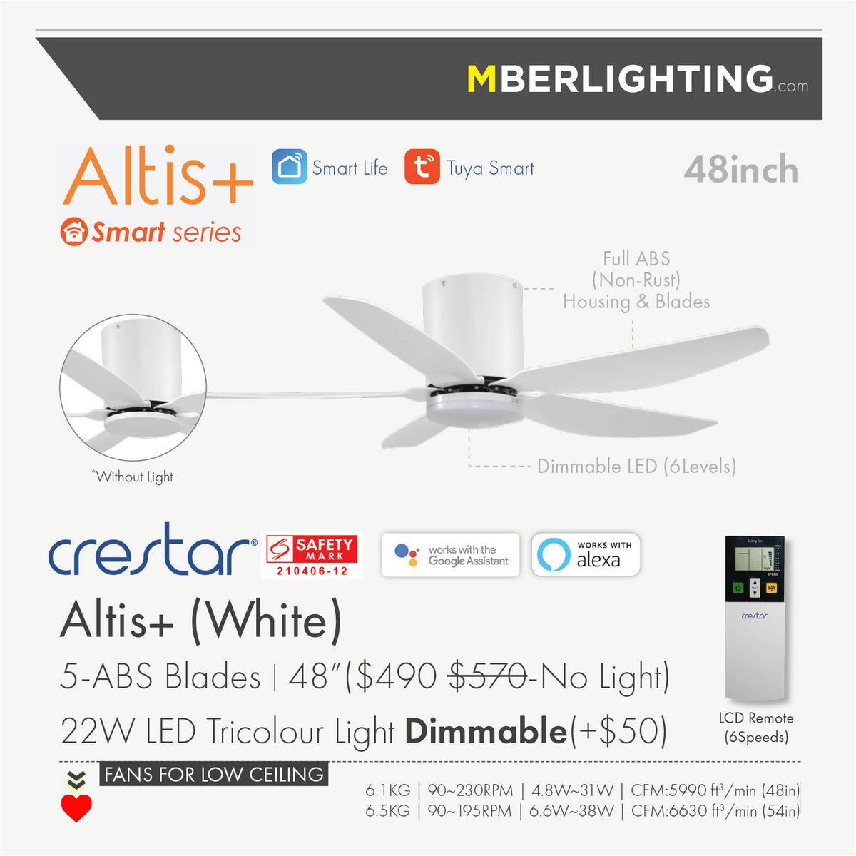 Crestar Altis Plus 5Blades Hugger Ceiling Fan for low ceiling setup in White 48inch with 22W Dimmable LED Light. Comes with remote and Wifi Smart Control features that works with Smart Life, Tuya, Google Assistant, Alexa. 