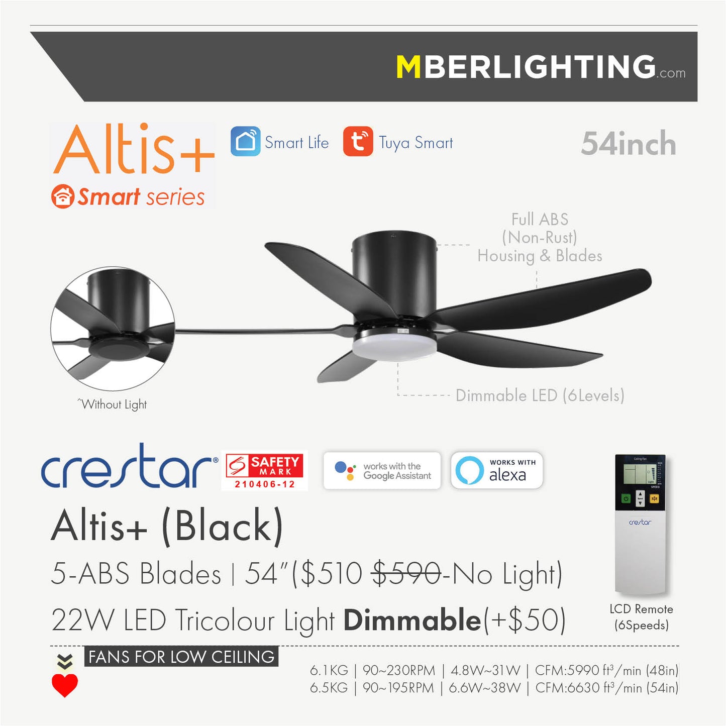 Crestar Altis Plus 5Blades Hugger Ceiling Fan for low ceiling setup in Black 54inch with 22W Dimmable LED Light. Comes with remote and Wifi Smart Control features that works with Smart Life, Tuya, Google Assistant, Alexa. 