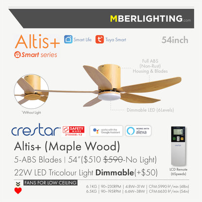 Crestar Altis Plus 5Blades Hugger Ceiling Fan for low ceiling setup in Maple Wood 54inch with 22W Dimmable LED Light. Comes with remote and Wifi Smart Control features that works with Smart Life, Tuya, Google Assistant, Alexa. 