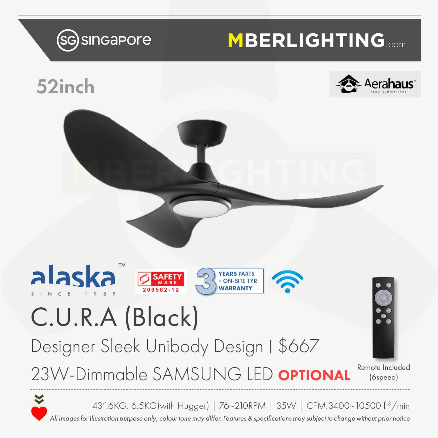 Bura Cura 3-Blades Drop Rod Ceiling Fan BLACK
