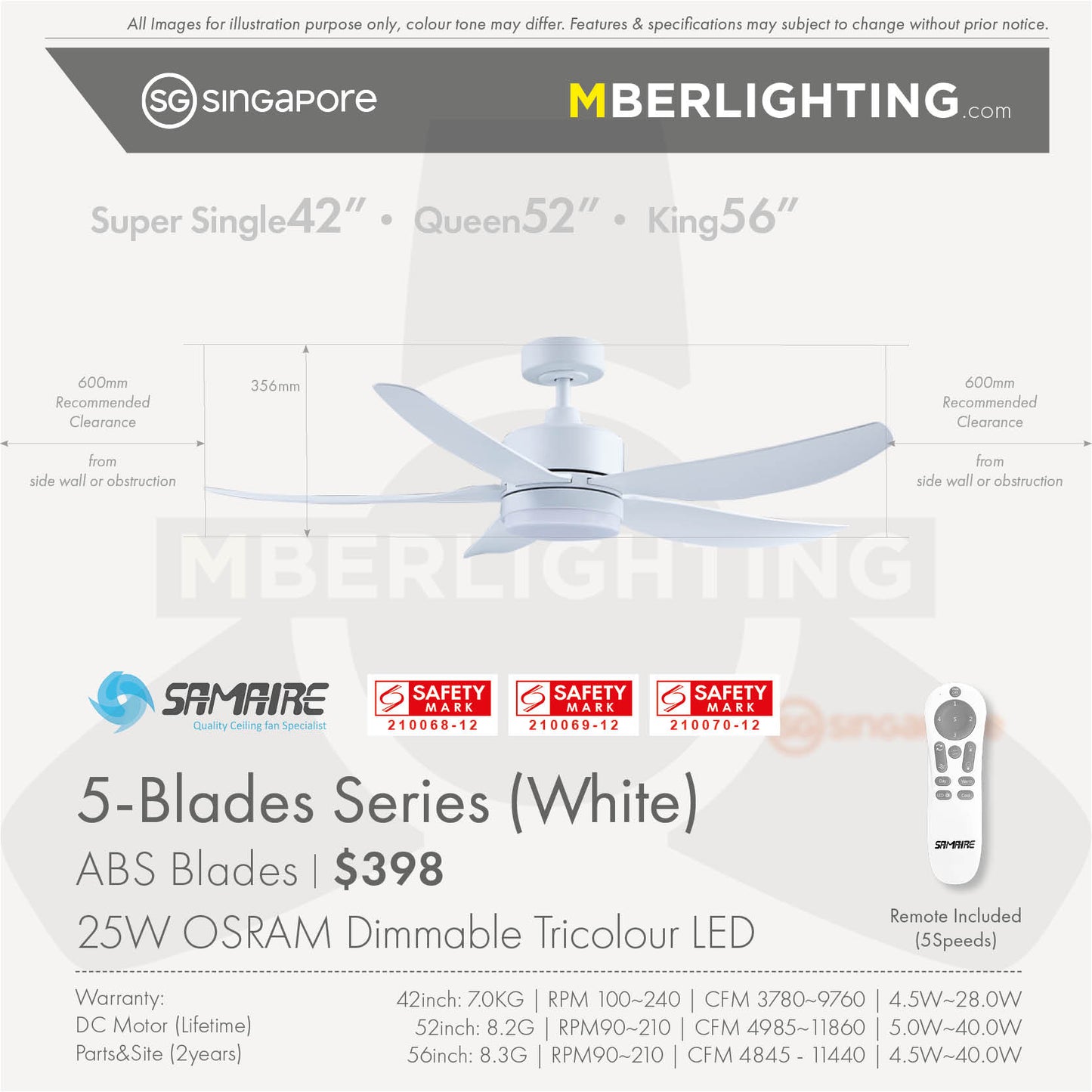 DC5 5-Blades Drop Rod Ceiling Fan WHITE