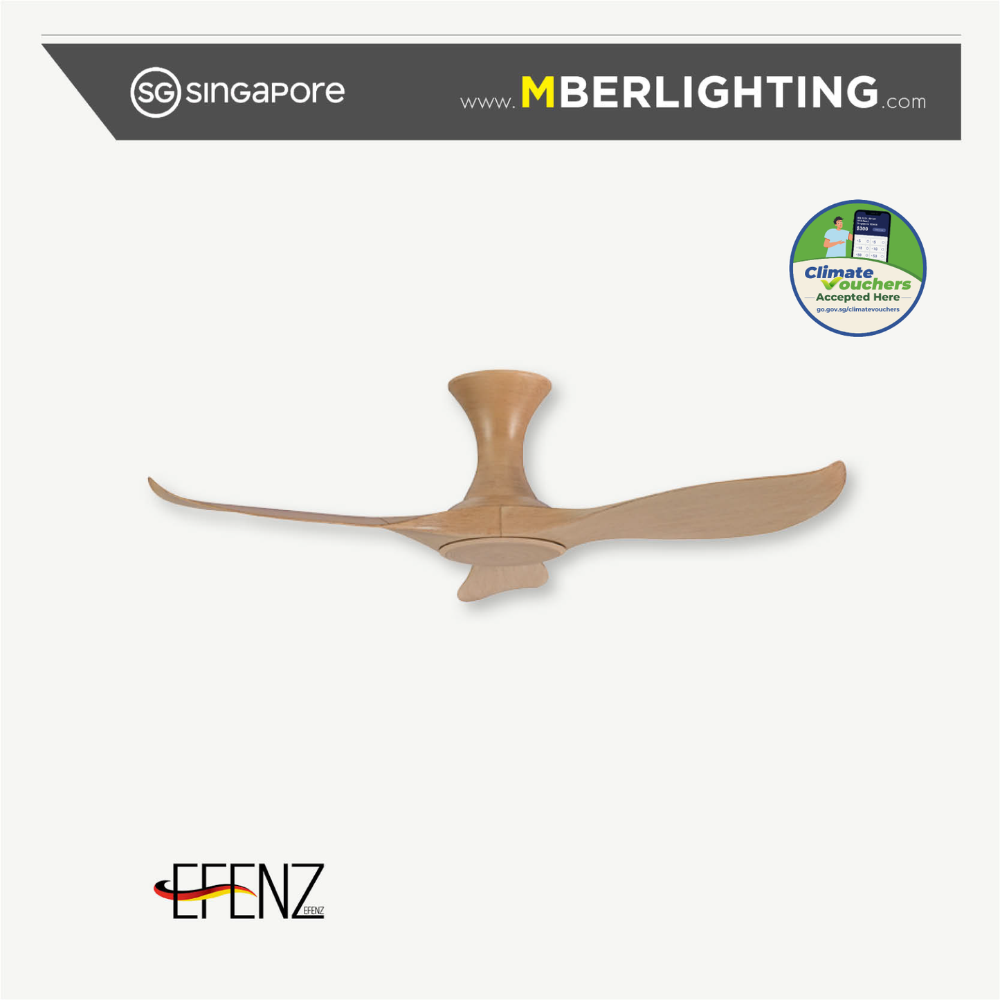 EFENZ 3-Blade Hugger Ceiling Fan HONEY MAPLE WOOD