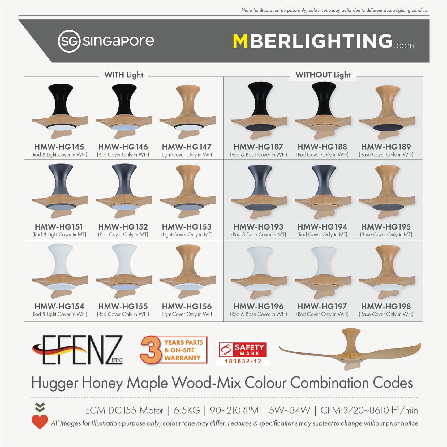 EFENZ 3-Blade Hugger Ceiling Fan HONEY MAPLE WOOD