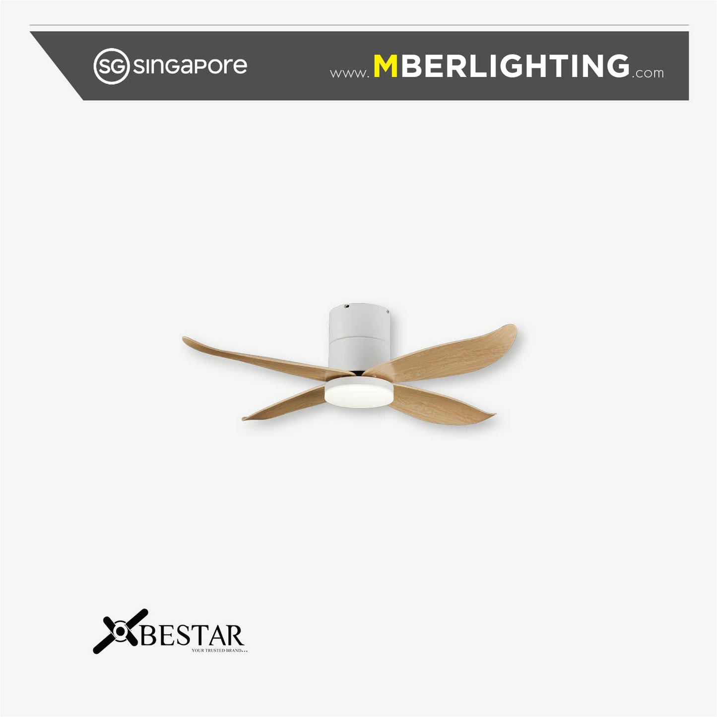 Bestar falcon 4 blades 46 inch ceiling fan in Pine blades and White body with LED lights.