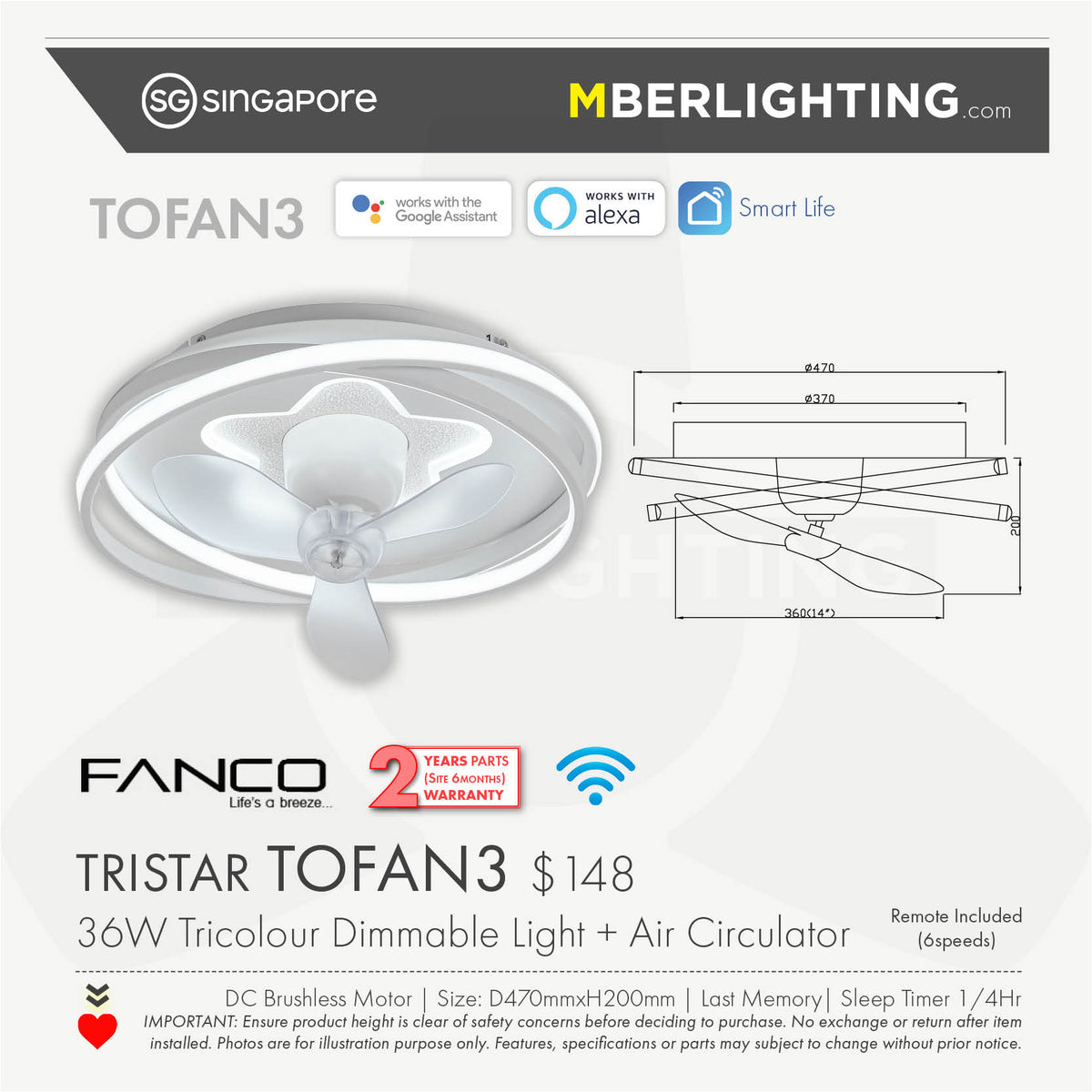 TRISTAR TOFAN-3 Ceiling Light with Air Circulator