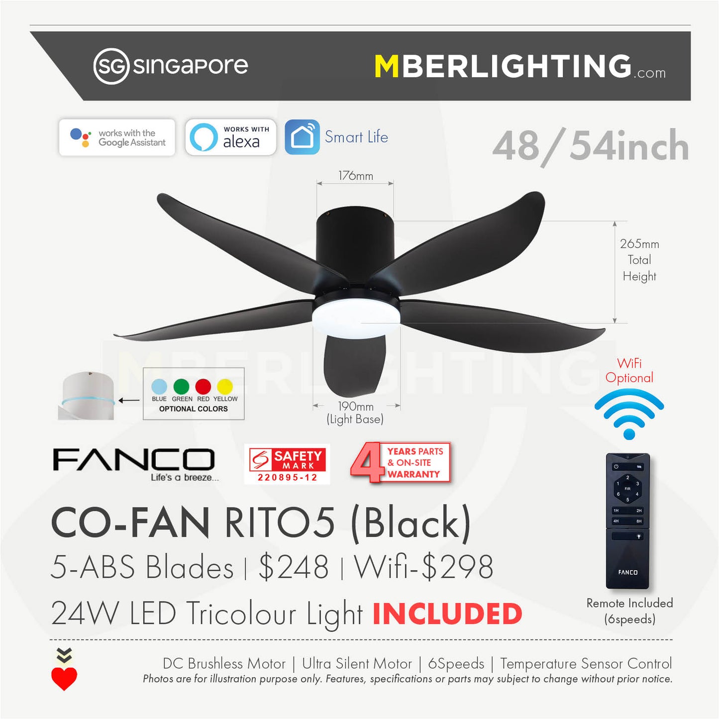 RITO5 5-Blades Hugger Ceiling Fan BLACK