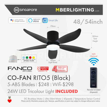 RITO5 5-Blades Hugger Ceiling Fan BLACK