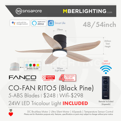 RITO5 5-Blades Hugger Ceiling Fan BLACK PINE