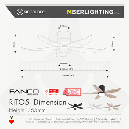 RITO5 5-Blades Hugger Ceiling Fan BLACK PINE