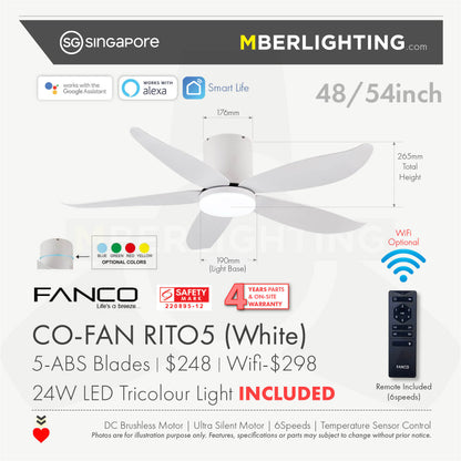 RITO5 5-Blades Hugger Ceiling Fan WHITE