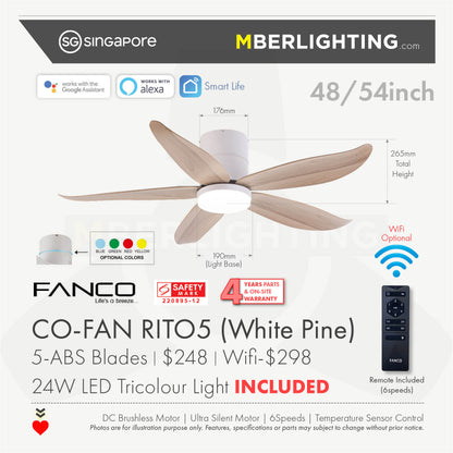 RITO5 5-Blades Hugger Ceiling Fan WHITE PINE