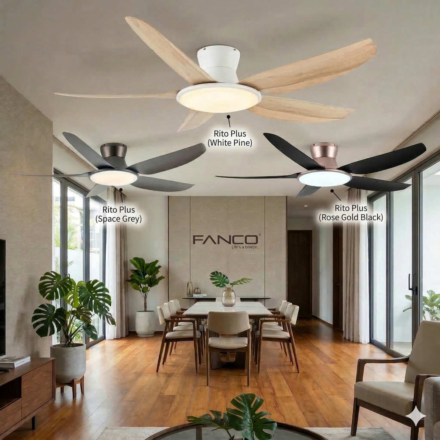 Fanco Rito Plus ceiling fan with 5 blades and led lights in living room