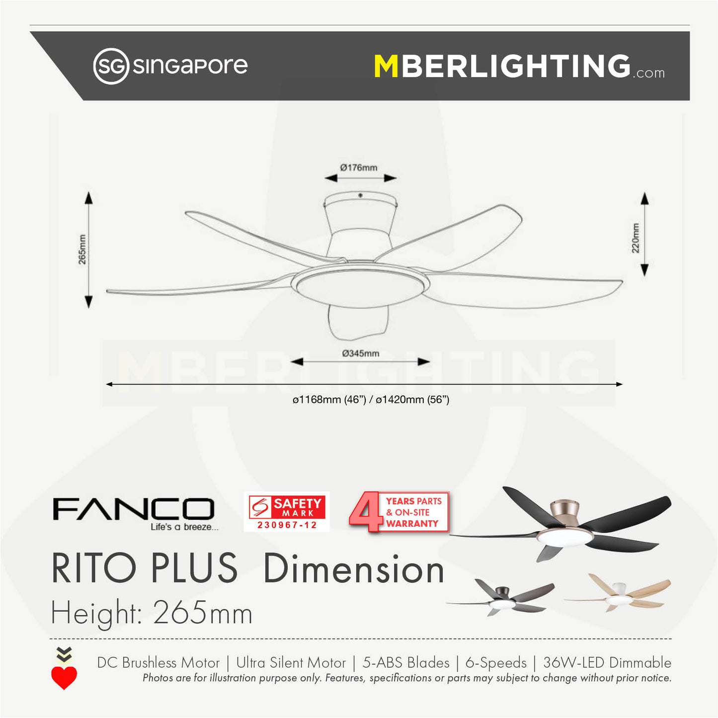 Fanco Rito Plus ceiling fan with 5 blades and led lights fan dimensions