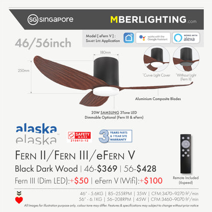 FERN 3-Blades Hugger Ceiling Fan DARK WOOD