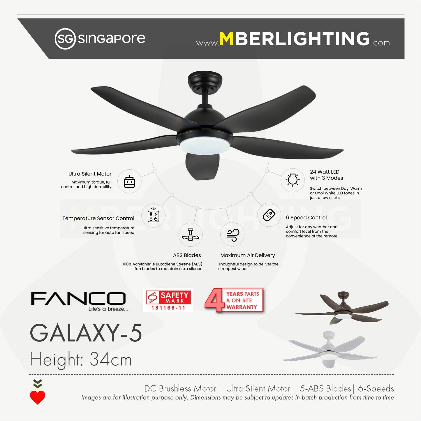 GALAXY5 5-Blades Drop-Rod Ceiling Fan WHITE