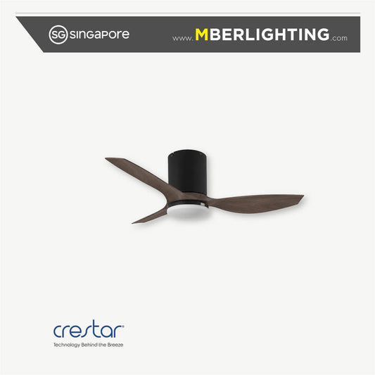 Crestar Hiro+ 42" 3 blade ceiling fan with LED light in black motor casing and black light casing with walnut wood tone fan blades