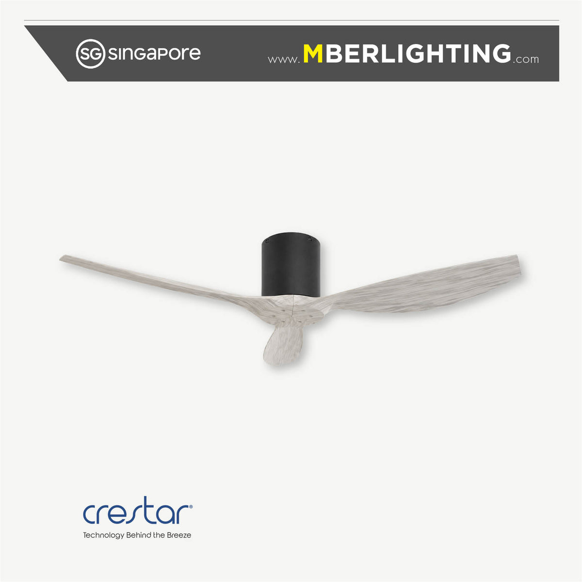 Crestar Hiro+ 50" 3 blade ceiling fan without light in black motor casing with spectrum white tone fan blades