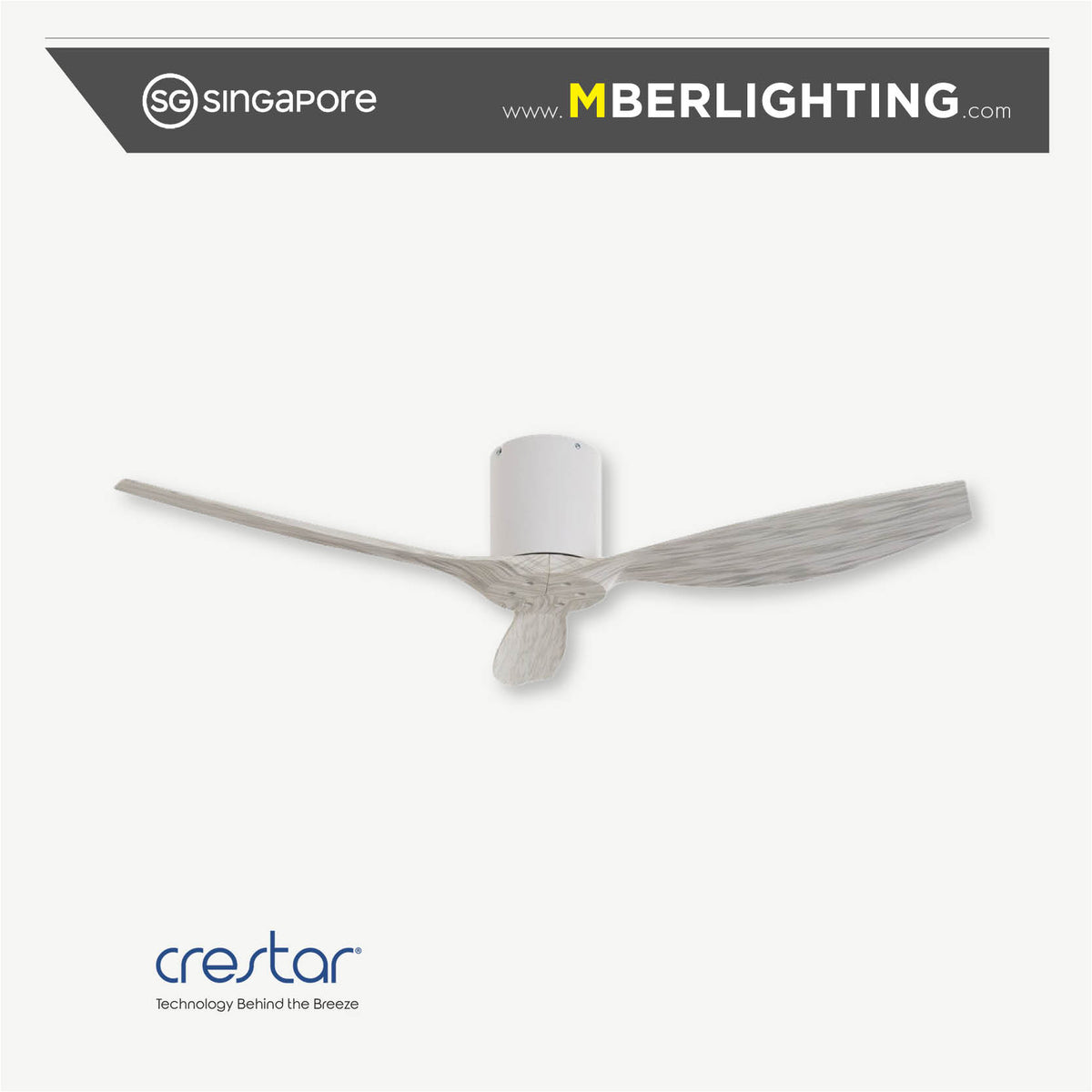 Crestar Hiro+ 50" 3 blade ceiling fan without light in white motor casing with spectrum white tone fan blades