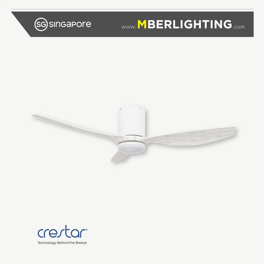 Crestar Hiro+ 50" 3 blade ceiling fan with LED light in white motor casing and white light casing with spectrum white tone fan blades