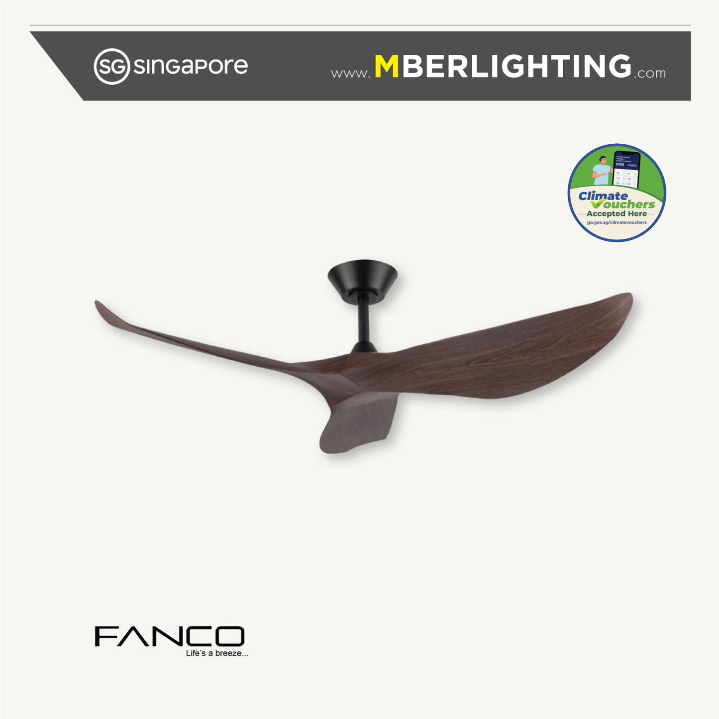 fanco huracan 3 blade ceiling fan with no light in dark wood grain