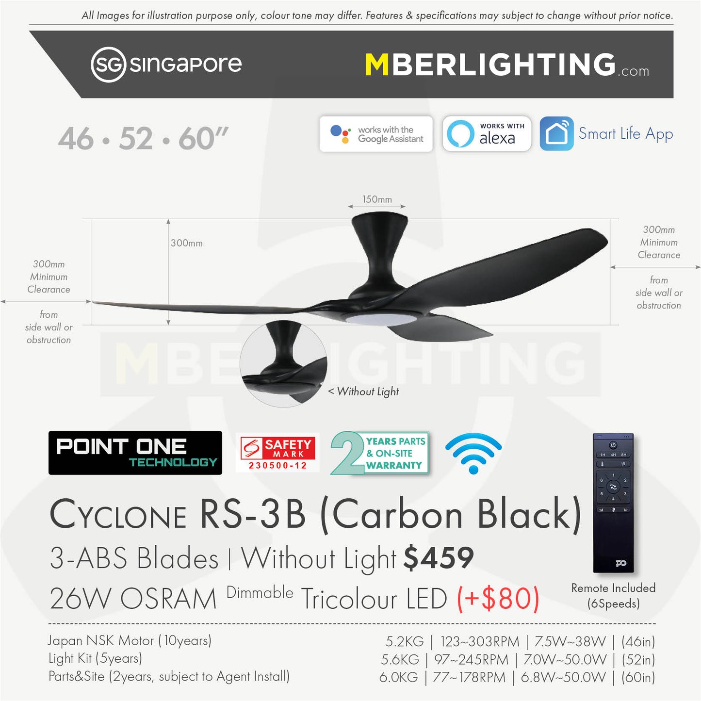 Fan specification for cyclone 3blade ceiling fan in full black with LED