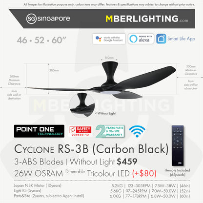 Fan specification for cyclone 3blade ceiling fan in full black with LED