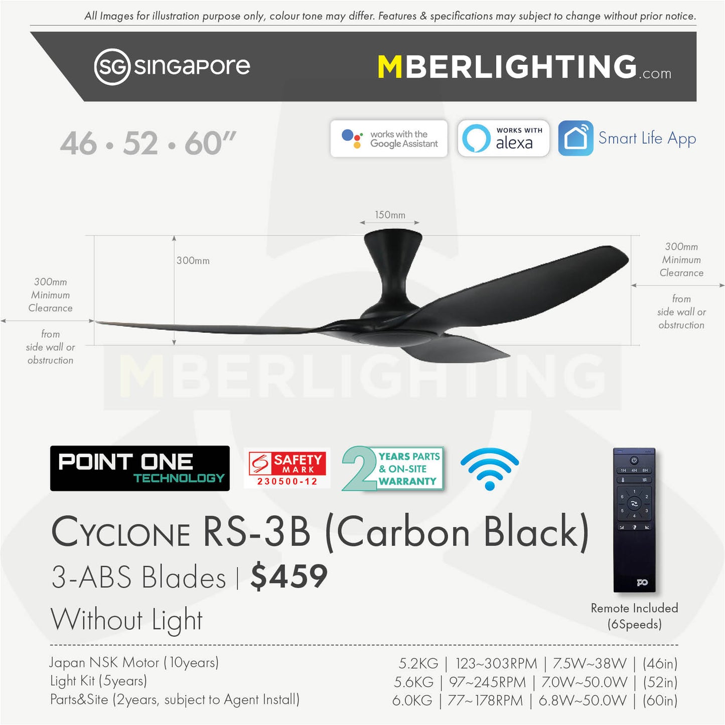 Fan specification for cyclone 3blade ceiling fan in full black without LED