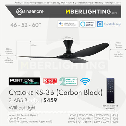 Fan specification for cyclone 3blade ceiling fan in full black without LED