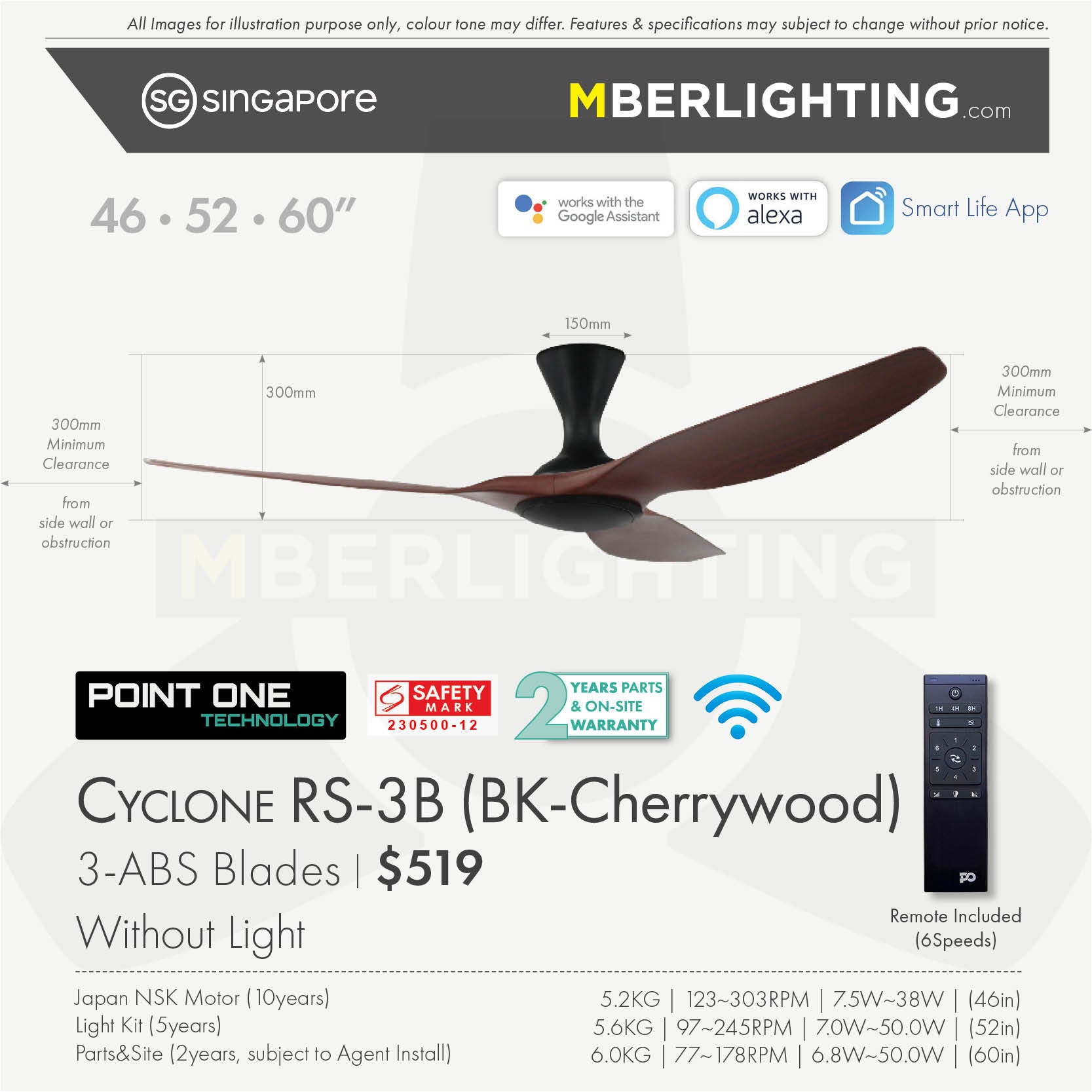 Fan specification for cyclone 3blade ceiling fan in cherry wood blade and black body without LED