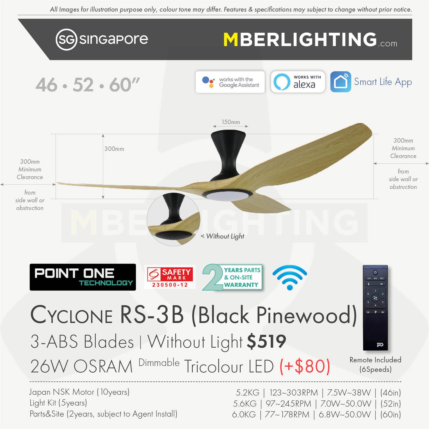 Fan specification for cyclone 3blade ceiling fan in pine wood blade and black body with LED