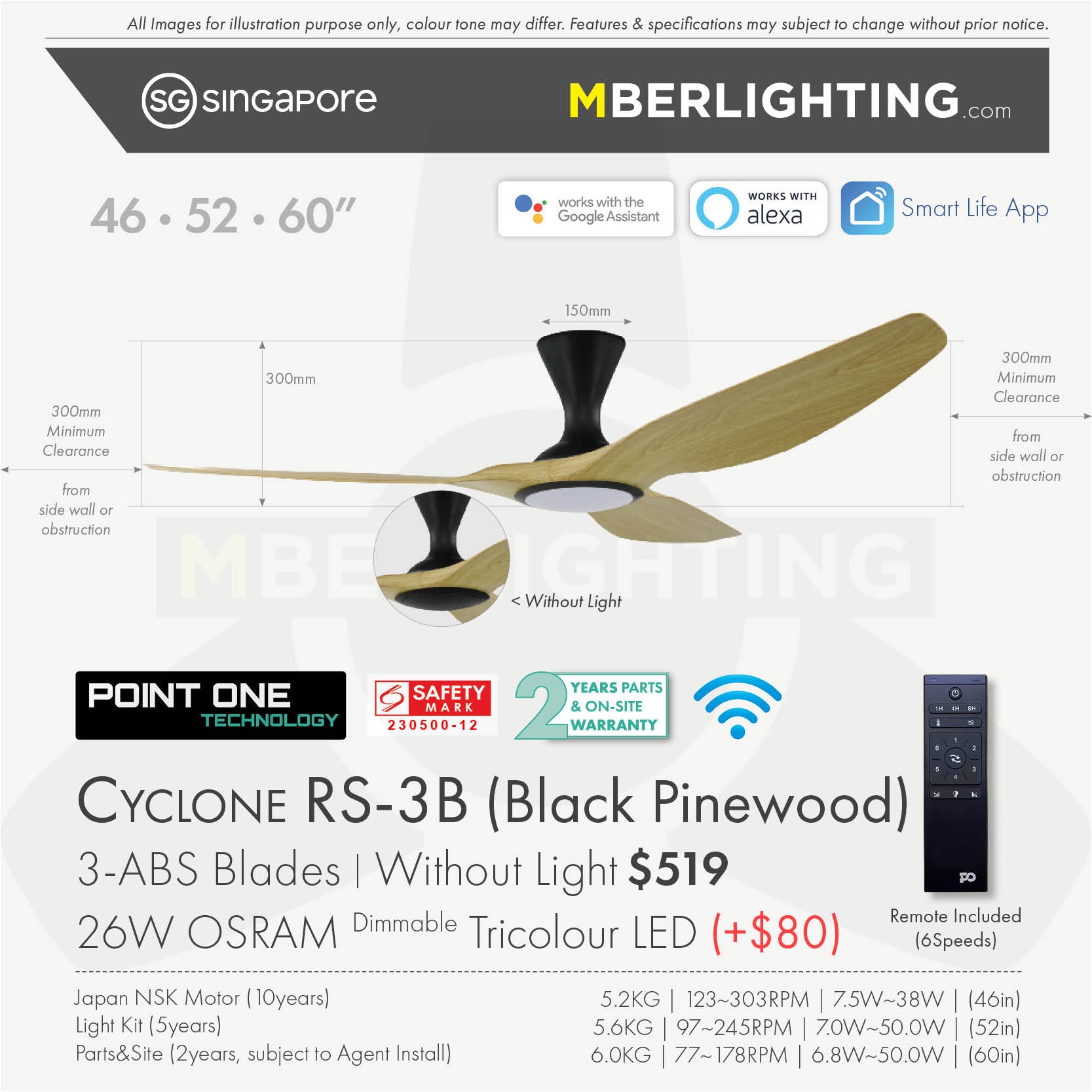 Fan specification for cyclone 3blade ceiling fan in pine wood blade and black body with LED
