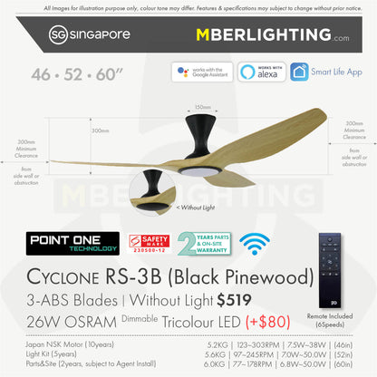 Fan specification for cyclone 3blade ceiling fan in pine wood blade and black body with LED