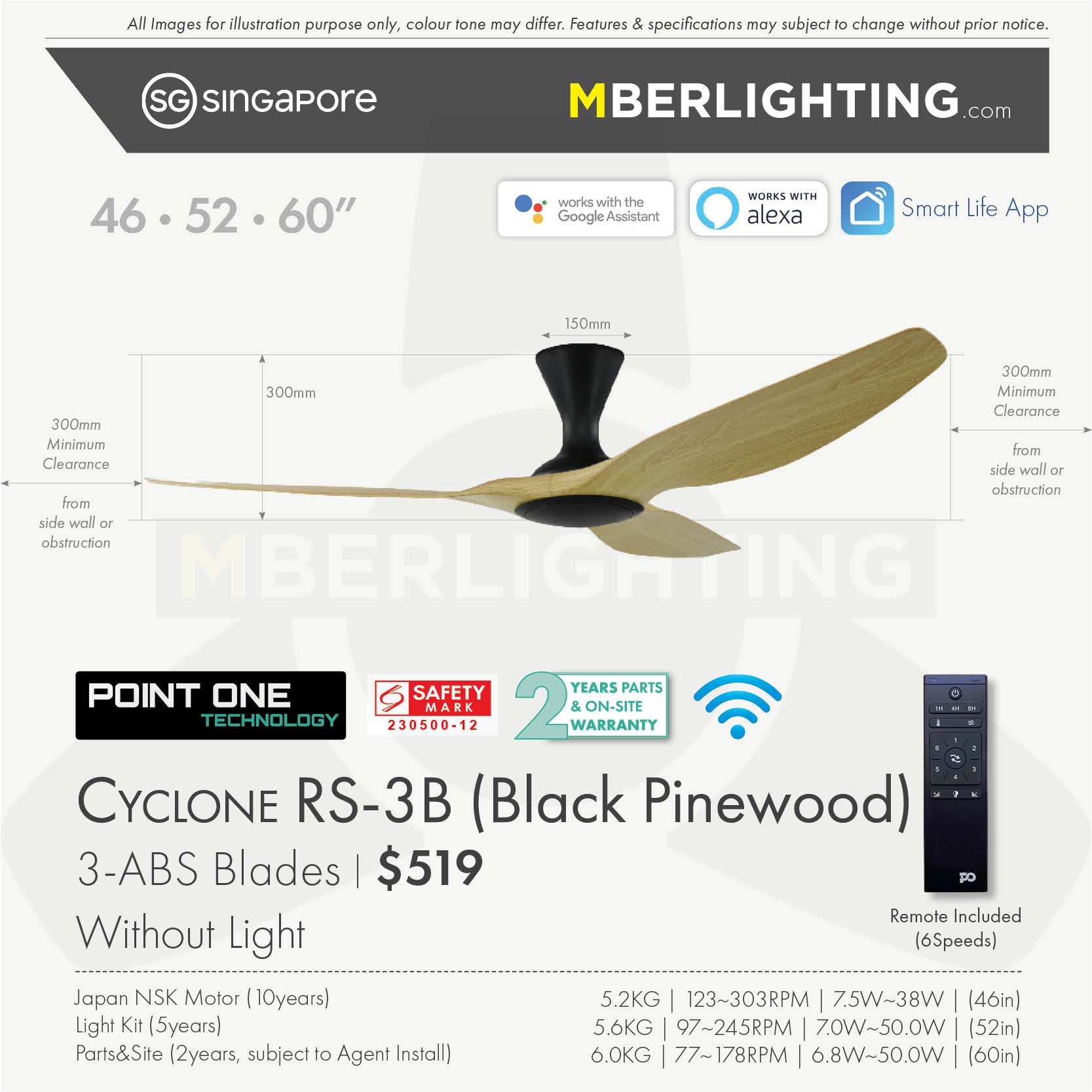 Fan specification for cyclone 3blade ceiling fan in pine wood blade and black body without LED