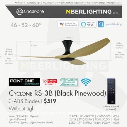 Fan specification for cyclone 3blade ceiling fan in pine wood blade and black body without LED