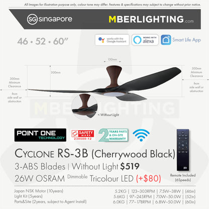 Fan specification for cyclone 3blade ceiling fan in black blade and cherry wood body with LED