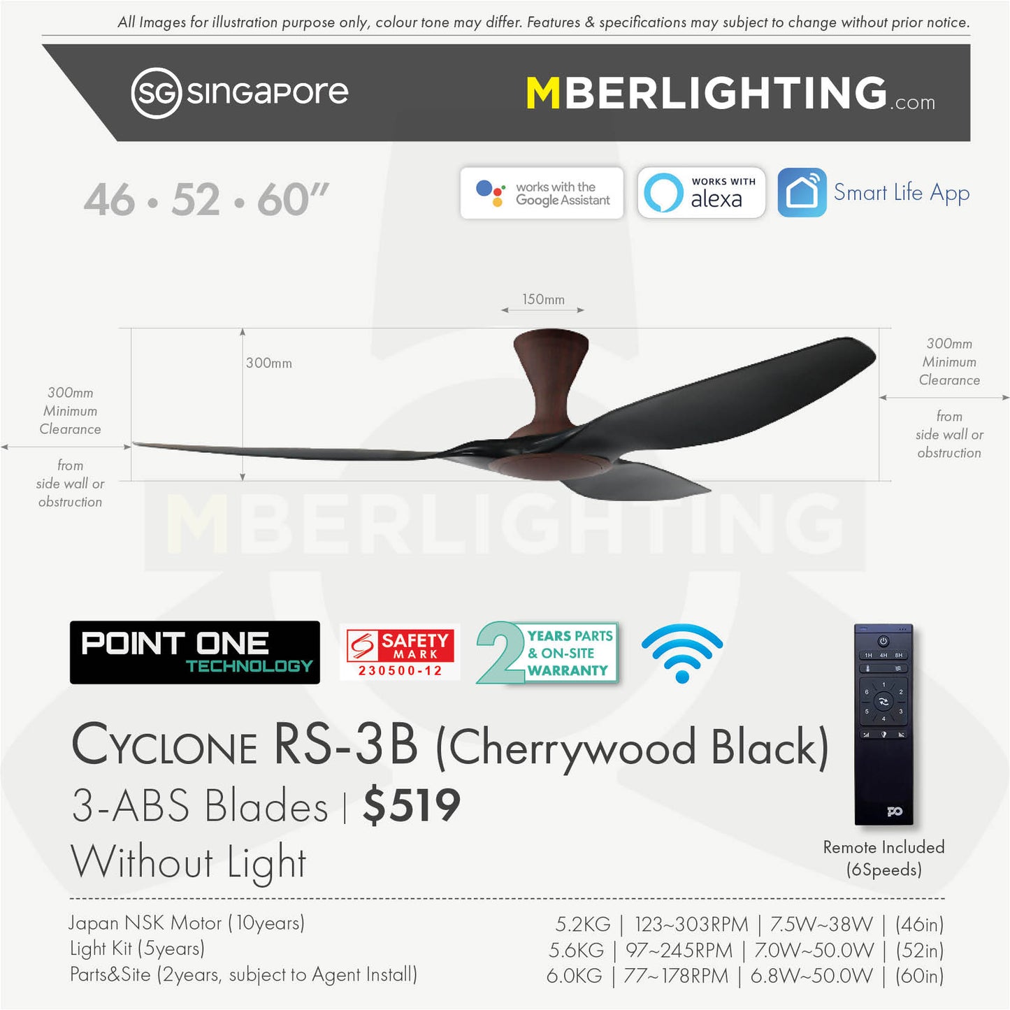Fan specification for cyclone 3blade ceiling fan in black blade and cherry wood body without LED