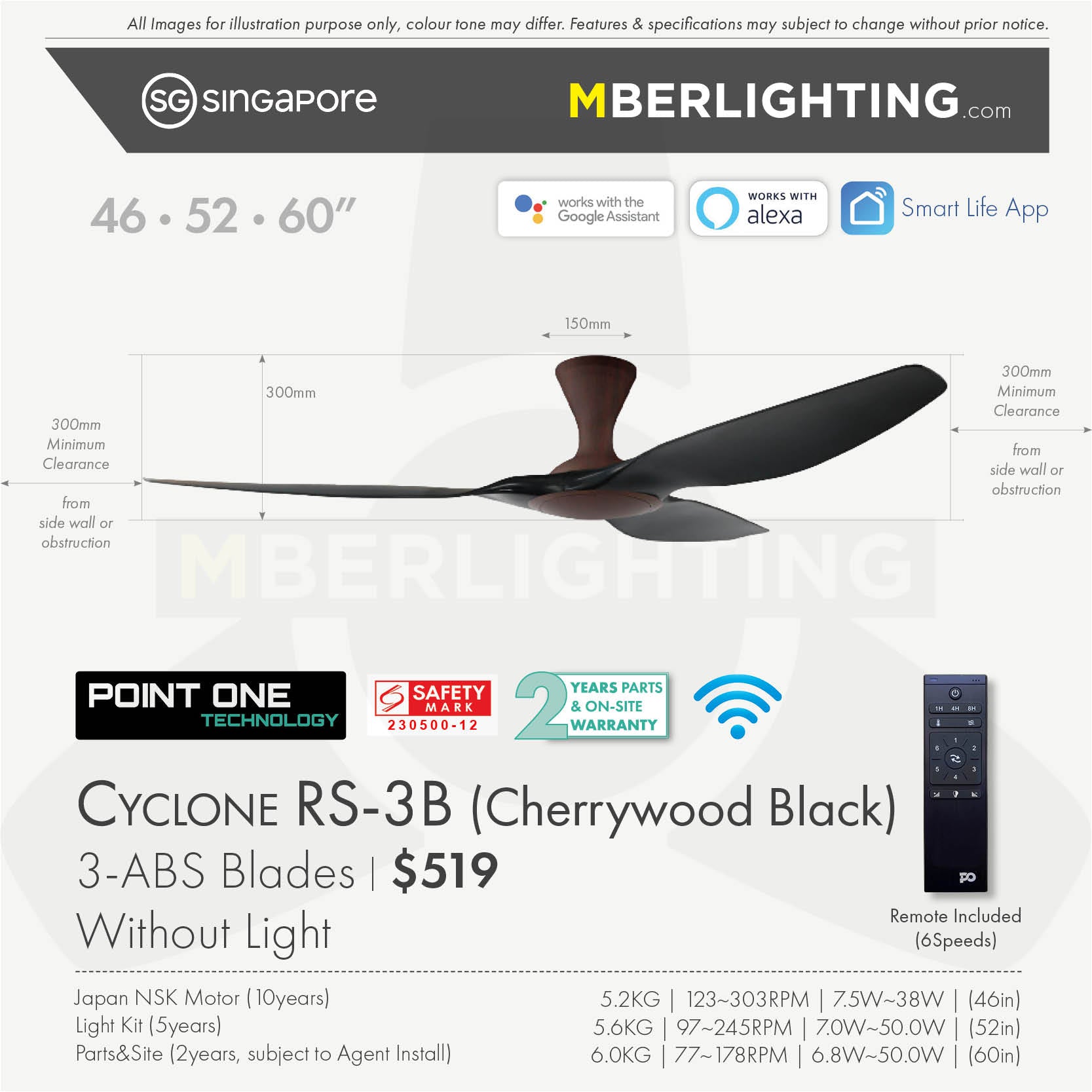 Fan specification for cyclone 3blade ceiling fan in black blade and cherry wood body without LED