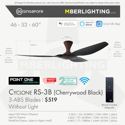 Fan specification for cyclone 3blade ceiling fan in black blade and cherry wood body without LED