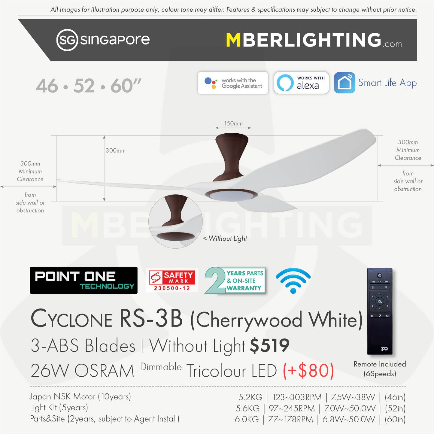 Fan specification for cyclone 3blade ceiling fan in white blade and cherry wood body with LED