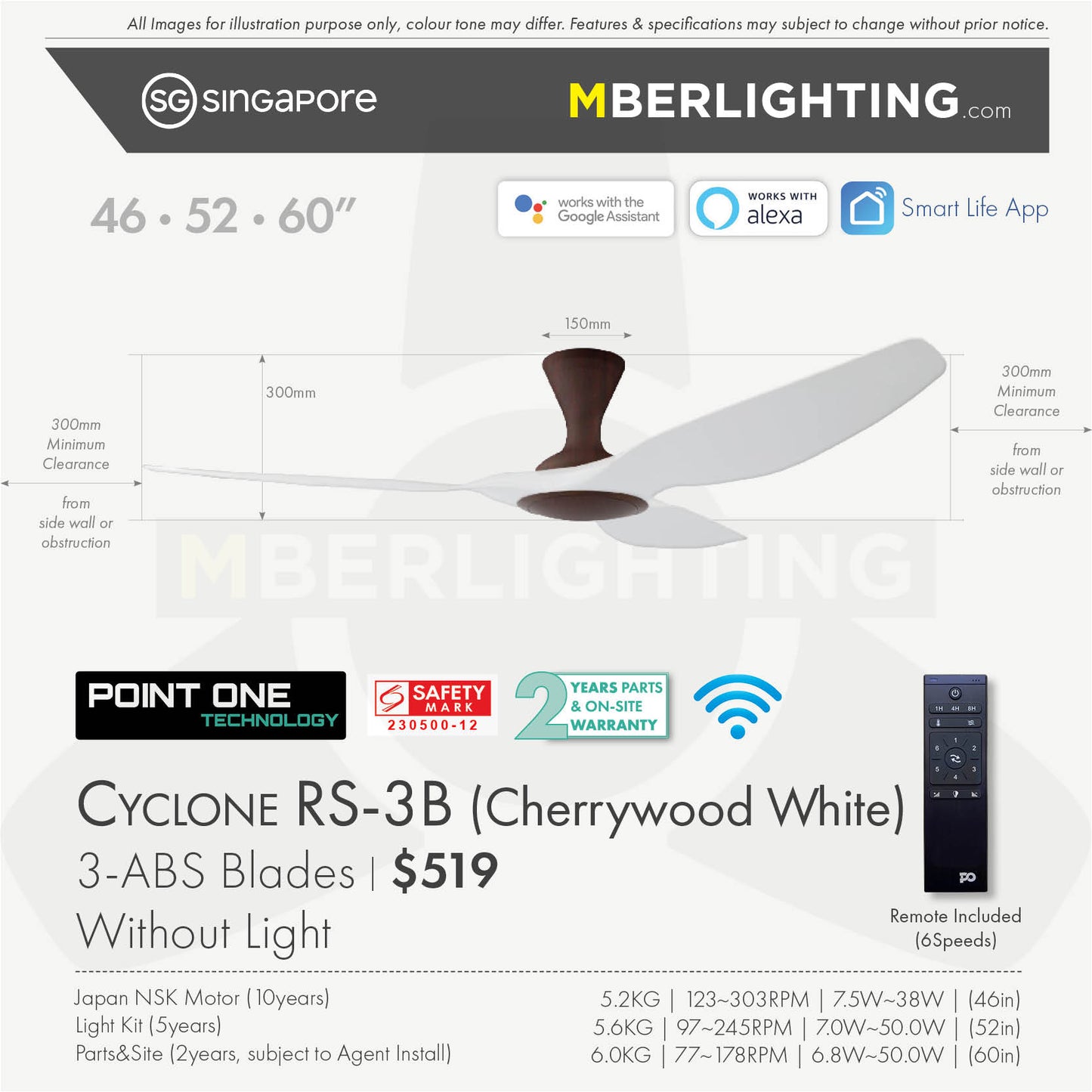 Fan specification for cyclone 3blade ceiling fan in white blade and cherry wood body without LED