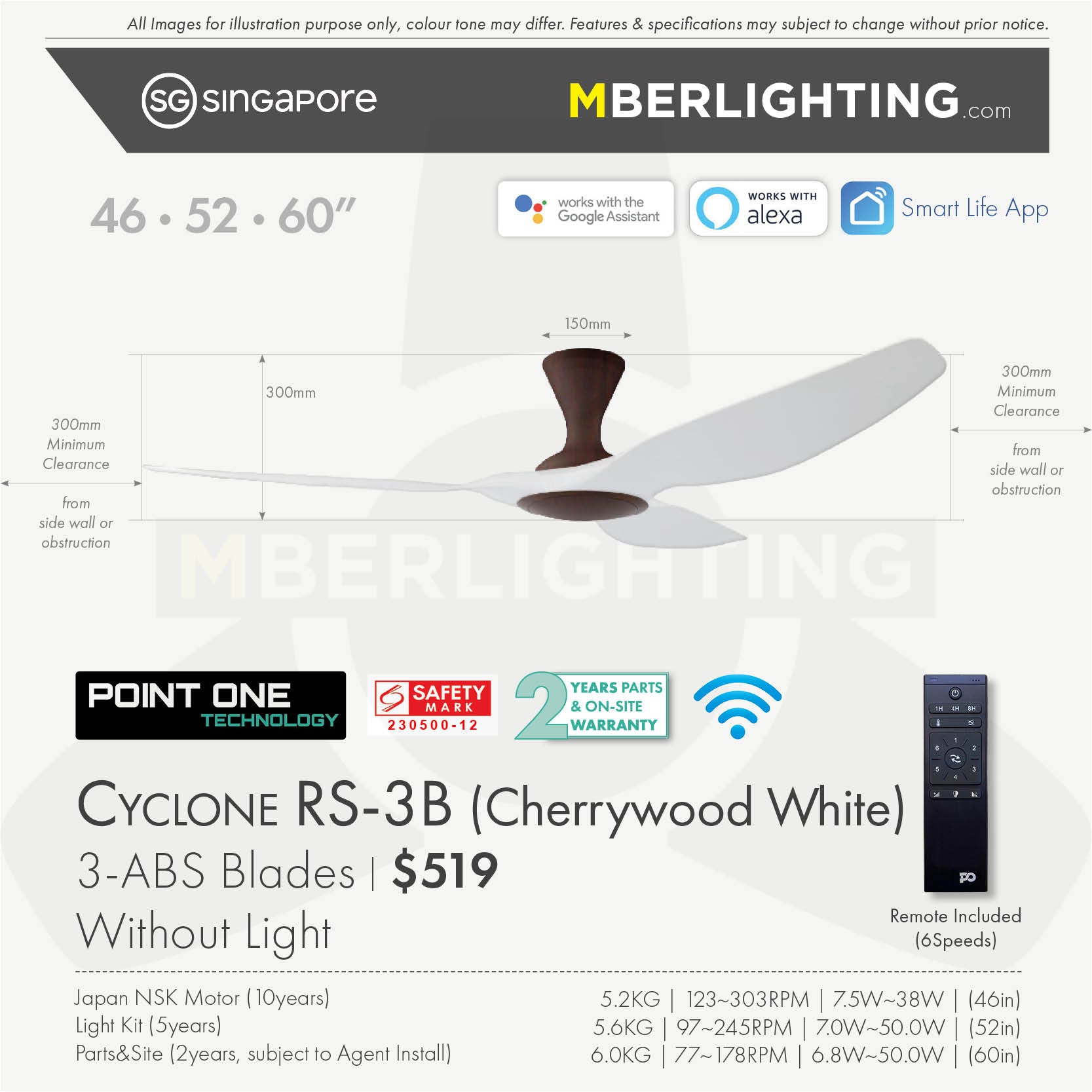 Fan specification for cyclone 3blade ceiling fan in white blade and cherry wood body without LED